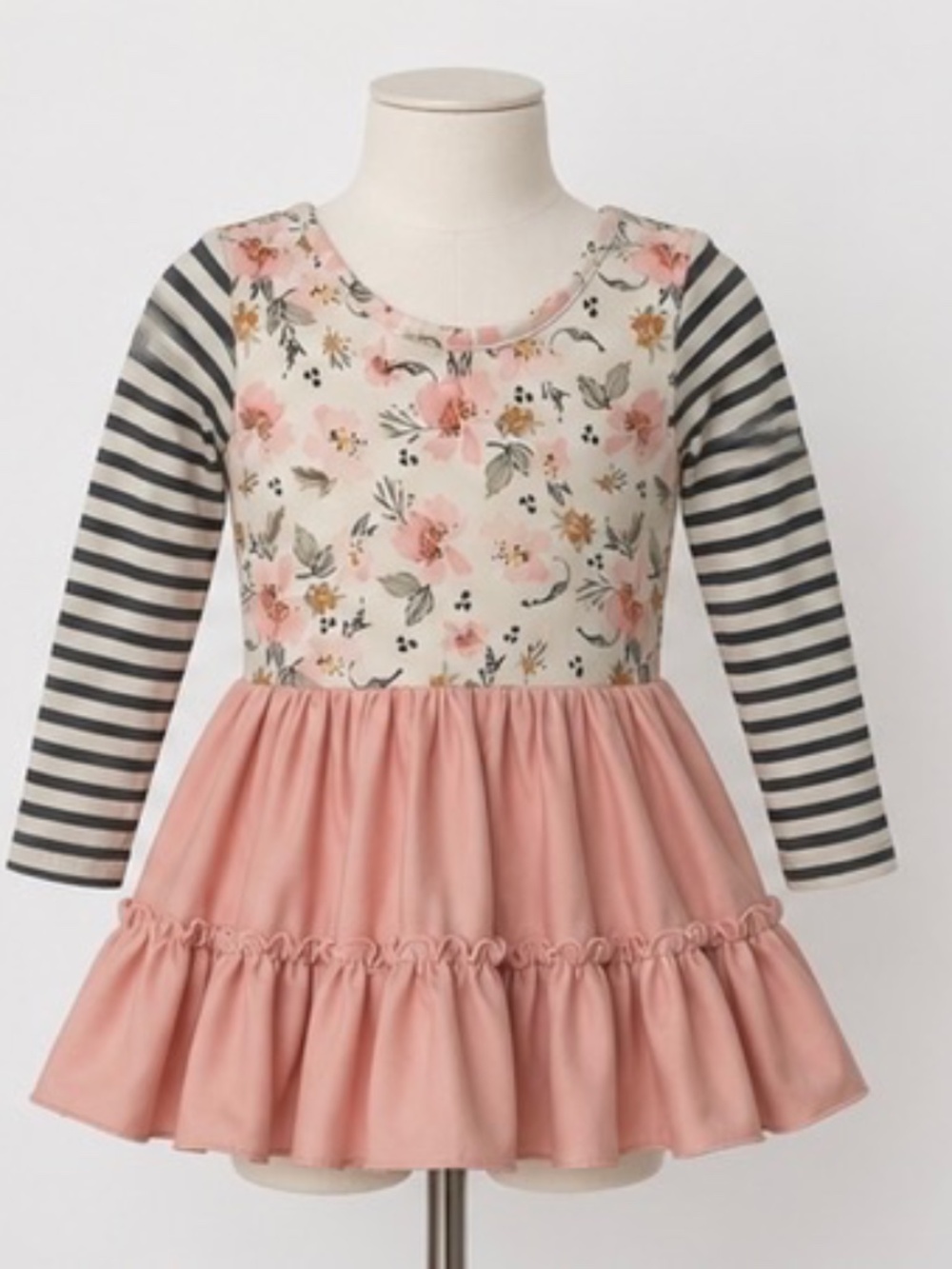cheeky plum Pink Floral Bodice Striped Sleeve Ruffle Dance Leo
